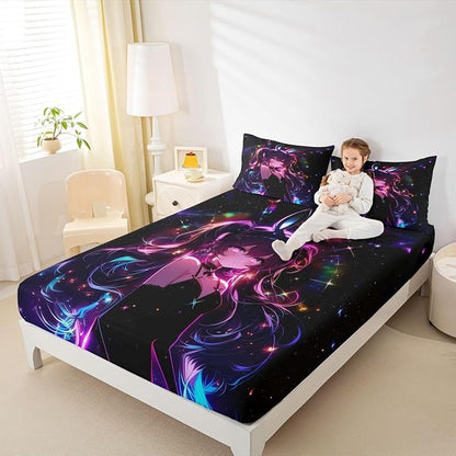 Erosebridal Cute Bunny Girls Full Bed Sheets for Kids Boys Girls Japanese Anime Girl Fitted Sheet,Cartoon 3D Bedding Sets Magical Neon Stars Sheets with 2 Pillowcases