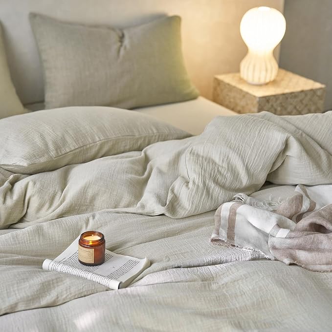 EAVD Soft 100% Muslin Cotton Duvet Cover King Solid Beige Duvet Cover with Zipper Closure Lightweight Linen Like Guaze Textured Comforter Cover with 2 Pillowcases Modern Solid Bedding Set