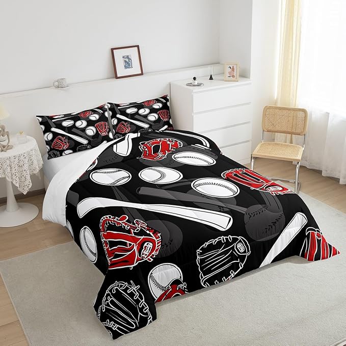 Erosebridal Baseball Comforter Set Queen Cartoon Baseballs Bedding Set 3D Ball Sport Games Bedding Comforter Sets Black White Gray Quilt Soft Bedroom Decor Gift for Teens Boys