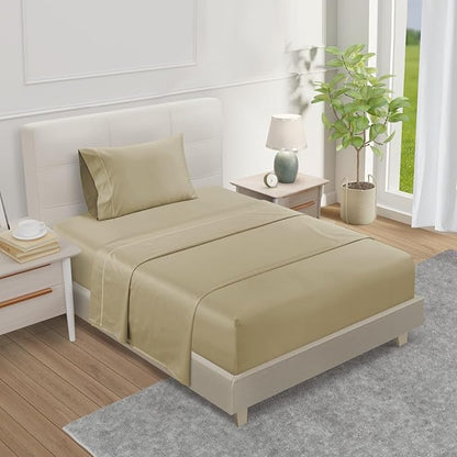 800TC 100% Egyptian Cotton Sateen Weave Twin Size Sheets Set, 3PC Twin Bed Sheets Luxury Hotel Collection Fully Elasticated Sheet & Pillowcase Sets, Machine Washable No Pill Fade Resistant-Linen