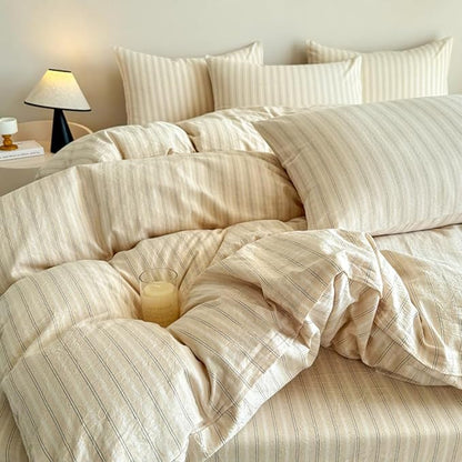 Nayoroom Striped Duvet Cover King Size 100% Washed Cotton Beige Duvet Cover with Black White Stripes Pattern Printed Comforter Cover 3 Pieces Soft Breathable Dorm Bedding Set for All Seasons