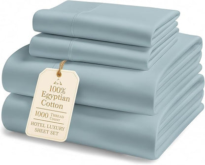 LANE LINEN 1000 Thread Count 100% Egyptian Cotton King Size Sheets – Silky Sateen Weave, Naturally Cooling & Durable, Ultra-Soft Luxury You Can Feel,15" Deep Pocket King Sheet Set – French Blue