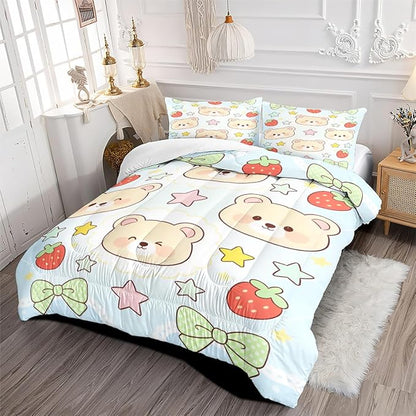3Pcs Bears Animal Print Queen Size Comforter Set for Girls, Cartoon Blue and White Bedding Set, Green Bows and Stars Bed Set, 1 Comforter 90"x 90" and 2 Pillowcases
