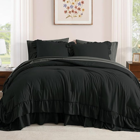 King Size Comforter Set Black, Ruffle Shabby Chic Bedding Set Farmhouse 7 Pieces, All Season Fluffy Bed in a Bag with Sheets, Pillowcases & Shams