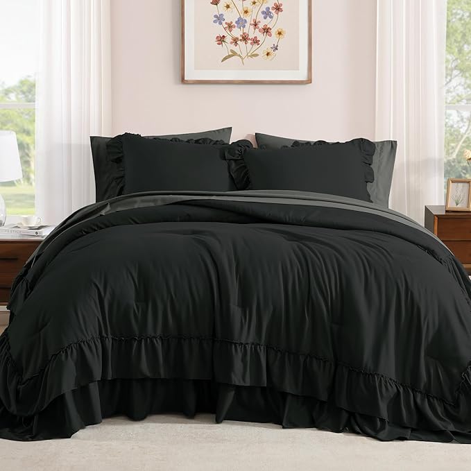 Queen Comforter Set Black, Ruffle Shabby Chic Bedding Set Farmhouse 7 Pieces, All Season Fluffy Bed in a Bag with Sheets, Pillowcases & Shams