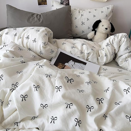White Twin Comforter Set - Black Bow Quilt Bedding Set 2 Pieces, Comforter Set Twin Size, Soft & Lightweight Comforter(68‘’ x 90‘’) for Girl All Season & 1 Pillowcase(30‘’x20‘’)