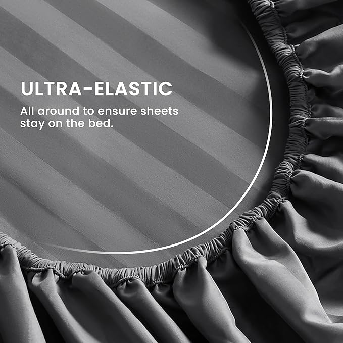 SLEEP ZONE Striped Cooling Sheets Set King Size - Fitted Flat Sheet & Pillowcase Sets 4 Piece - Super Soft Stripe Bed Sheet, Easy Care, Deep Pocket (Gray, King)