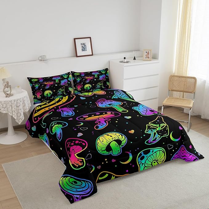 Erosebridal Mushroom Comforter Set Twin Kawaii Trippy Bedding Psychedelic Botanical Plants Down for Kids Girls Boys Teens Rainbow Fungus Duvet Cute Quilt (CMHS3028XXY-BZ_USt)