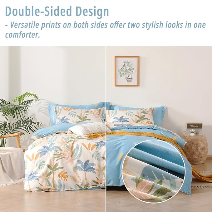Tropical Coastal Blue Cotton Comforter King Size 3Pcs - Bright Orange, Olive Green & Beige Palm and Leaf Patterns, Botanical Lightweight Reversible Bedding Sets with Soft Fill(104"×90")