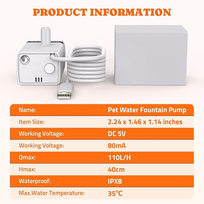 Pawtners Replacement Pump for WF008A 4L Stainless Steel Cat Water Fountain | Pet Water Fountains Motor, Ultra Quiet <35dB, Ideal for Indoor Cats & Dogs. Sensor & Light Included