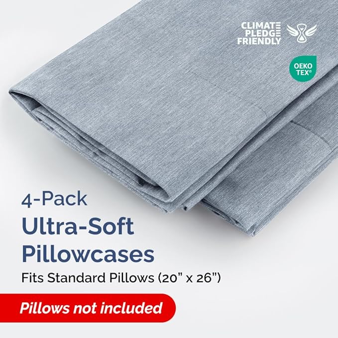 Standard Pillow Cases Set of 4 - Soft Hotel Quality Pillowcase Covers - Comfy Bedding for Women, Men, Kids & Teens - Machine Washable Pillow Protectors - 4 Piece Set - Standard Size Heathered Blue