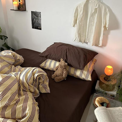 MKXI Twin XL Size Reddish-Brown & Yellow Striped Duvet Cover Set - 3 Piece Vintage Aesthetic Bedding Set, Cotton, Minimalist Design, Soft & Breathable Duvet Cover with Zipper Ties