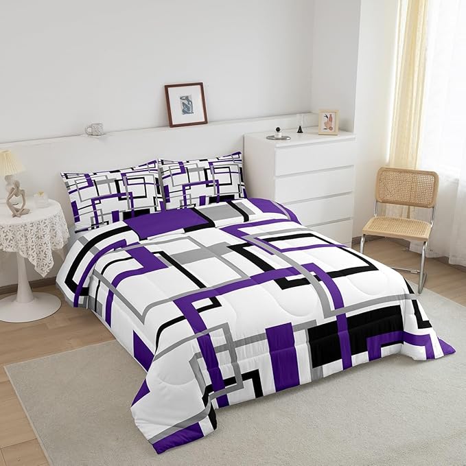 Erosebridal Purple Grey Black Square Bedding Set for Kids Boys Girls,Geometric Comforter Set Queen,Abstract Grid Pattern Down Comforter,Modern Abstract Art Quilted Duvet with 2 Pillowcases