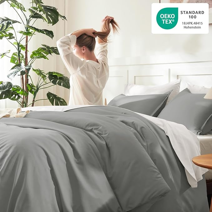 Litanika Comforters Medium Gray Oversized Queen Size, 3 Pieces Lightweight Solid Bedding Set & Collections, All Season Fluffy Bed Set (98x98In Comforter & 2 Pillowcases)