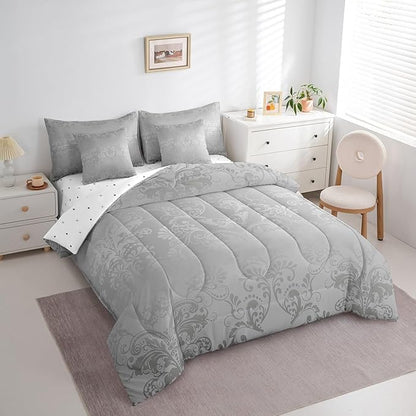 Erosebridal Gothic Damask Bed in a Bag King Size Comforter Set 7 Pieces,Butterfly Skull Bedding Sets Grey Victorian Floral Goth Sheet Set with Comforter