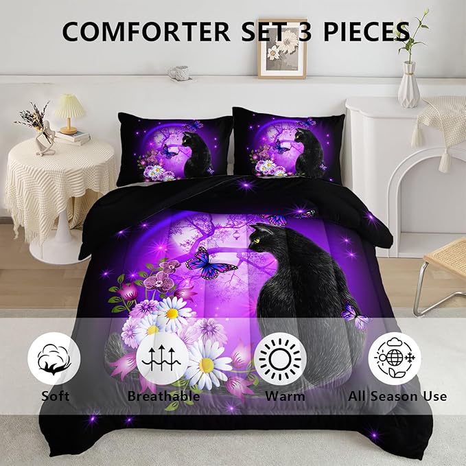 Black Cat Bedding Cartoon Cat Comforter Set Full,Daisy Butterflies Printed Kids Bedding Set for Kids Boys Girls Adults Room Decor,Kids Comforter Set All Season,1 Quilt 2 Pillow Cases