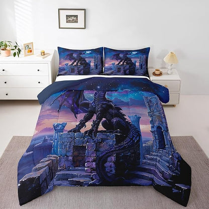 Feelyou Dragon Comforter Set Queen Size Moon Light Dragon Comforter for Boys Girls Teens Gothic Bedding Set Wildlife Duvet Set Room Decor Acid Blue Quilt Set