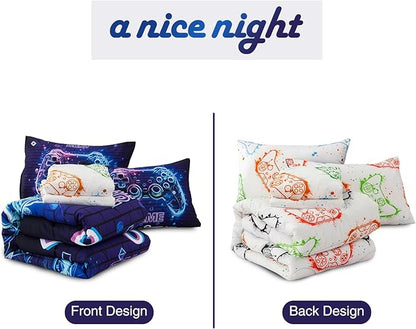 A Nice Night 5Pcs Gaming Comforter Set,Blue Purple 3D Game Contoller Themed Printing Bedding Sets for Kids Teen Boys, Reversible Comforter for All Seasons,Full