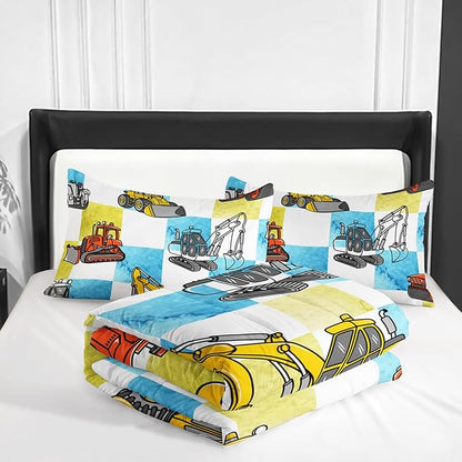 Boy's Construction Truck Comforter Set King,Orange,and Yellow Truck 3 Pieces Bedding Set for Kids Boys Teens,Blue and Yellow Plaid Microfiber Lightweight Quilt Bedroom Decor with 2 Pillow Cases