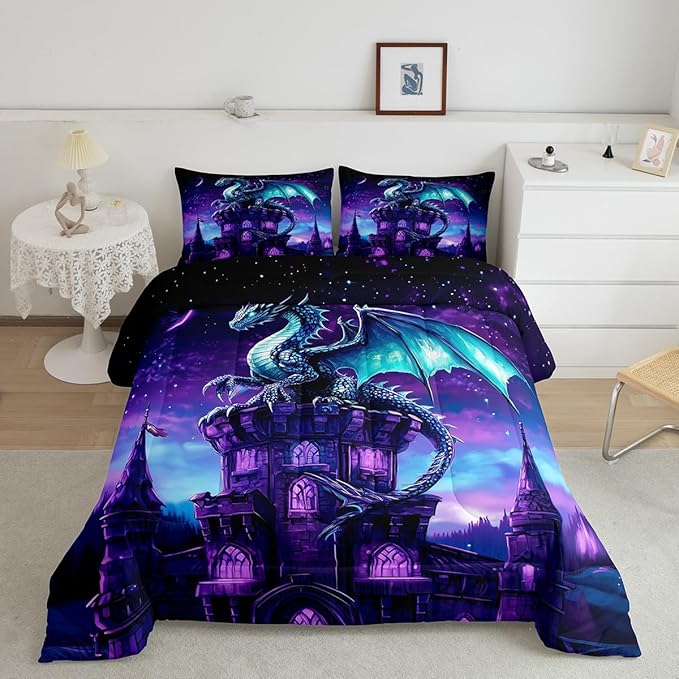 Mysterious Magical Theme Bed Comforter Set Queen Size,Western Castle Super Soft Microfiber Bedding Set for Adults Teens,Dragon Wildlife Comforter Set,2 Pillowcases