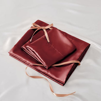 BEDELITE Satin Sheets Twin XL Size Bed Set, Luxury Soft Burgundy Silky Sheets for Hair and Skin, Similar to Silk Bed Sheets Set 3 Pieces （1 Deep Pocket Fitted Sheet, 1 Flat Sheet, and 1 Pillowcase）