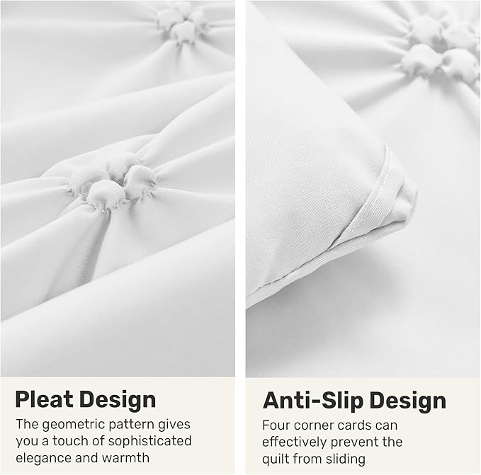 UNIKOME Queen Comforter Set White - Ultra Soft Boho Pintuck Down Alternative Bedding Set for All Seasons, 3 Pieces Lightweight Warm Pinch Pleat Bed Set with Comforter, 2 Pillowcases