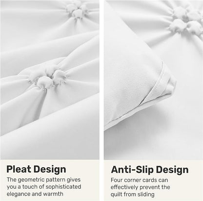 UNIKOME King Size Comforter Set White - Ultra Soft Boho Pintuck Down Alternative Bedding Set for All Seasons, 3 Pieces Lightweight Warm Pinch Pleat Bed Set with Comforter, 2 Pillowcases