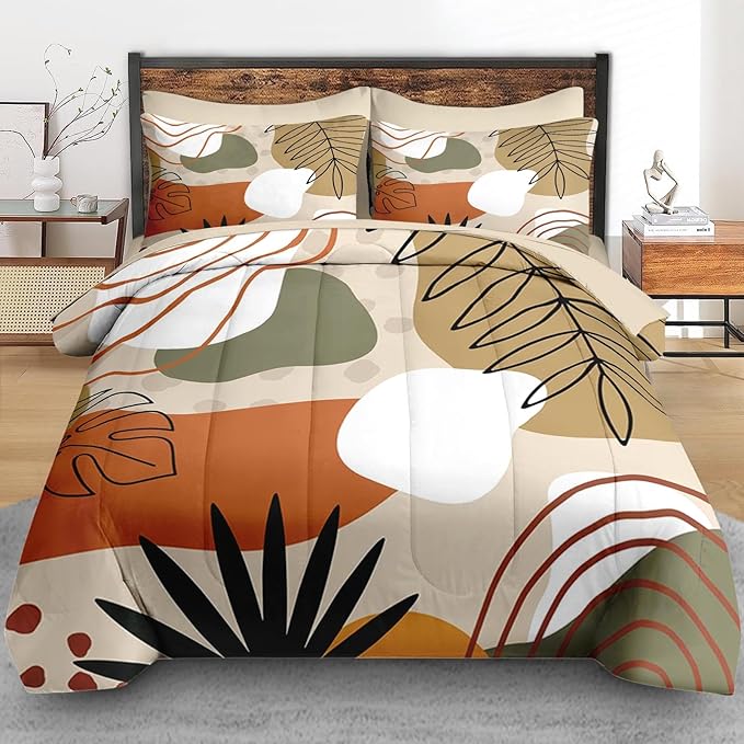 Comforter Set Queen Size, Leaves Flower Summer 7 Pcs Bedding for Kids and Adults, Spring Leaf Floral Bed Sheet Sets with Fitted Sheet 2 Pillowcase & 2 Sham for Bedroom Bed Decor