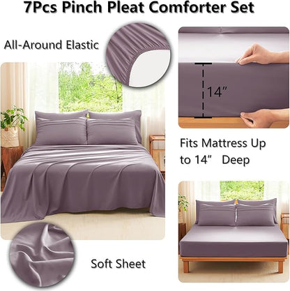 CozyLux Full Size Comforter Sets Dusty Purple, 7 Pieces Soft Pinch Pleat Bed in a Bag Full Comforter Set with Sheets, Boho Bed Set with Down Alternative Comforter, Sheets, Pillowcases & Shams