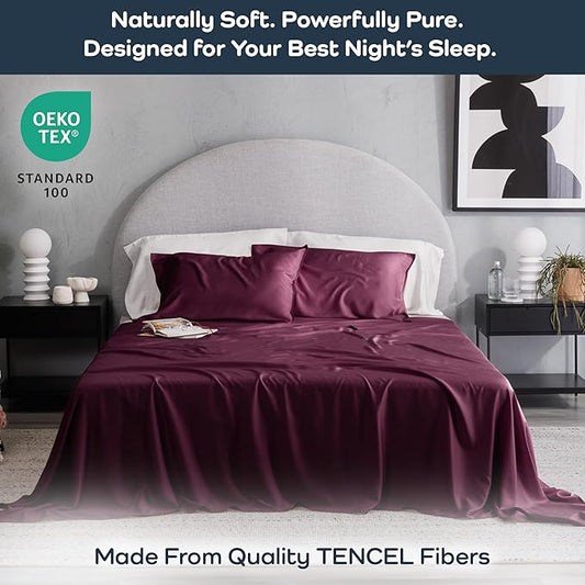 Olive + Crate Tencel Lyocell Eucalyptus Queen Size Sheet Set - Cooling Tencel Sheets for Hot Sleepers with 18 Inch Deep Pocket Fit - Sour Cherry 4-Piece Set