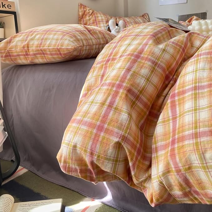 EAVD Vintage Style Gingham Duvet Cover Twin Soft 100% Washed Cotton Bedding Set with Colorful Grid Checkered Reversible Plaid Bedding Set for Boy Girl Modern Grid Plaid Duvet Cover with Zipper
