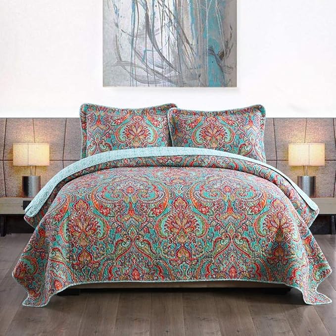 Travan 3-Piece Bedspread Quilt Set Oversized Reversible Quilted Bedding Cotton Coverlet Set with Shams, Gorgeous Floral Pattern, Queen Size