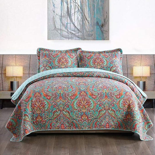 Travan 3-Piece Bedspread Quilt Set Oversized Quilted Bedding Reversible Cotton Coverlet Set with Shams, Gorgeous Floral Pattern, King Size