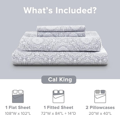 Comfort Spaces 100% Cotton Sheet Set Breathable, Lightweight, Soft with 14" Elastic Pocket Fits up to 16" Mattress, All Season Cozy Bedding, Matching Pillow Case, Cal King Adelia Gray 4 Piece