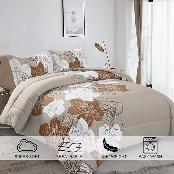 Menghomeus Brown Comforter Set California King Taupe Floral Comforter Cal King Botanical Bedding Sets Soft Microfiber Bed Set for All Season, 3 Pieces (1 Comforter, 2 Pillowcases)