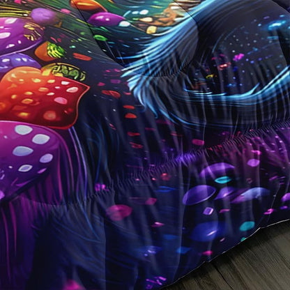 Cute Black Cat Bedding Set King Size,Kids Cartoon Cat Mushroom Flash Comforter Set for Kids Girls Boys Room Decor,Boho Style Botanical Bedding Sets with 2 Pillowcases.