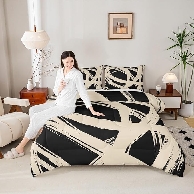 Erosebridal Beige and Black Abstarct Toddler Bedding Set,Aesthetic Geometric Comforter Set for Minimalists,Graffiti Stripes Lines Quilt,Contemporary Boho Modern Art Duvet Insert for Minimalism