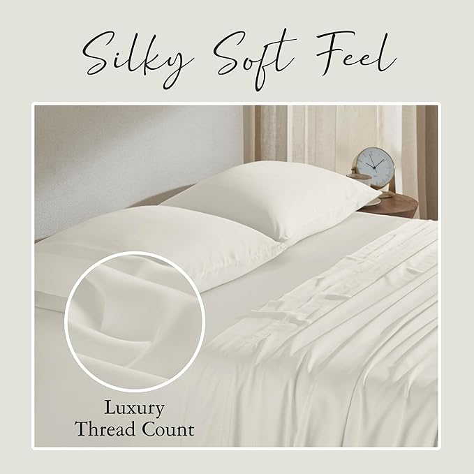 KARISSA MAE Cooling Bamboo Viscose King Size Sheet Set | 100% FSC Certified | 18” Deep Pocket | Silky, Soft, & Hypoallergenic | with Organizer Band & Elastic Corner Straps [Ivory]