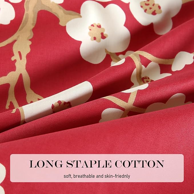 WINLIFE 100% Cotton Pillowcases Set of 2 Floral Printed Pillow Case Beige Plum Blossom on Red Pillow Cover, King 20x36''