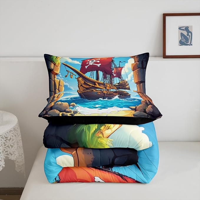 Castle Fairy Pirate Boat Comforter Set Twin Size for Kids Boys Girls Navigation Treasure Adventure Bedding Sets All Season Gothic Sugar Skull Quilt Set Bedroom Decor Nautical Down Comforter,2Pcs