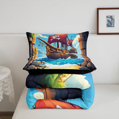 Castle Fairy Pirate Boat Comforter Set Twin Size for Kids Boys Girls Navigation Treasure Adventure Bedding Sets All Season Gothic Sugar Skull Quilt Set Bedroom Decor Nautical Down Comforter,2Pcs