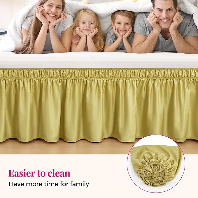 RIMELA Bed Skirt Queen Size Gold Green 15 Inch Drop, Wrap Around Elastic Bedskirt, Dust Ruffle for Adjustable Bed Base Soft Durable Fabric Machine Washable Easy to Install Bed Skirts
