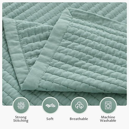 KASENTEX Queen Quilt Set 90"x90" – Soft Washed 3-Layer Lightweight Bedspread, Minimalist Nordic Design, All-Season Spring & Summer Quilt Set (1 Quilt + 2 Pillow Shams), Green