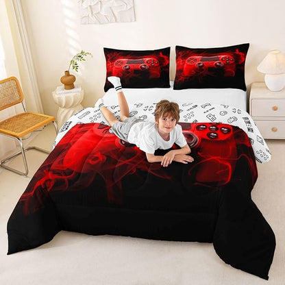 Feelyou Kids Gaming Comforter Set King Size Gamer Bedroom Decor for Boys Girls Teens Video Game Controller Bedding Set Youth Gaming Console Comforter Red Black with 2 Pillow Case