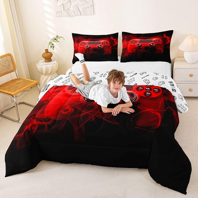 Feelyou Kids Gaming Comforter Set Twin Size Gamer Bedding Set for Boys Teens Gamer Bedroom Decor Youth Video Game Comforter Red Black with 1 Pillow Case