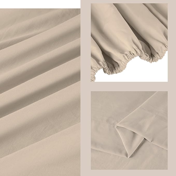 ROSE&RISY Khaki Sheets Queen Sheet Set, Pre-Washed Cotton-Like Brushed Microfiber, 4 Pcs Super Soft Breathable Cooling Bed Sets,Includes 1 Fitted, 1 Flat, 2 Pillowcases (Khaki, Queen)