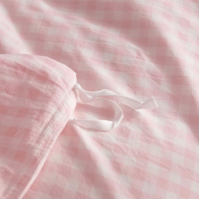Nayoroom Gingham Duvet Cover Queen Size 100% Washed Cotton Pink Plaid Checkered Comforter Cover 3 Pcs Soft Breathable Grid Farmhouse Dorm Bedding Set for All Seasons