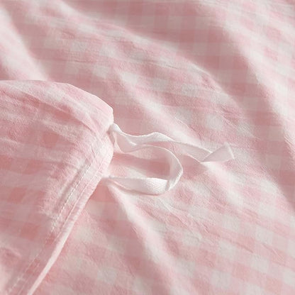 Nayoroom Gingham Duvet Cover Queen Size 100% Washed Cotton Pink Plaid Checkered Comforter Cover 3 Pcs Soft Breathable Grid Farmhouse Dorm Bedding Set for All Seasons