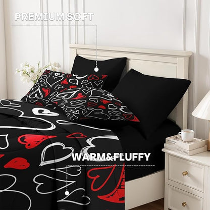 Nesker Comforter Set Full Size, Heart Love Red Black 7 Pcs Bedding for Kids and Adults, My Happy Valentine Bed Sheet Sets with Fitted Sheet 2 Pillowcases & 2 Shams