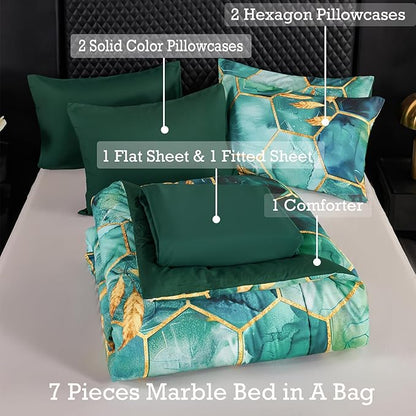 ANGIYUIN 7Pcs Turquoise Green Marble King Size Bed in A Bag with Sheets Gold Honeycomb Watercolor Printed Comforter Set Luxury Foil Print Bedding Sets for Women Men(King Teal Green)